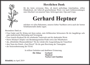 Traueranzeige von Gerhard Heptner von Südthüringer Presse