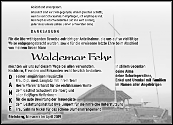 Traueranzeige von Waldemar Fehr von Südthüringer Presse