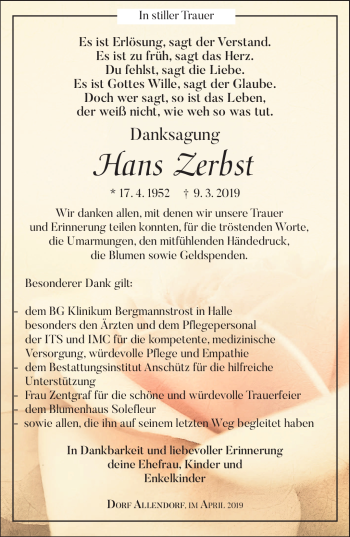 Traueranzeige von Hans Zerbst von Südthüringer Presse