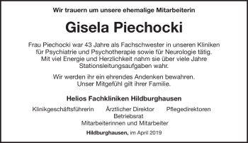 Traueranzeige von Gisela Piechocki von Südthüringer Presse