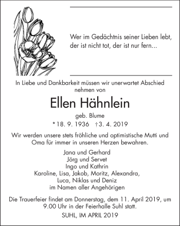 Traueranzeige von Hähnlein Ellen von Südthüringer Presse