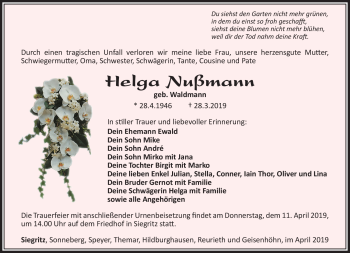 Traueranzeige von Helga Nußmann von Südthüringer Presse