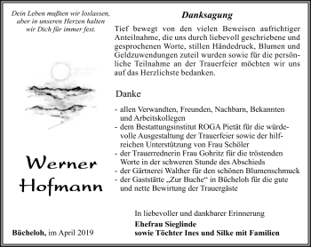Traueranzeige von Werner Hofmann von Südthüringer Presse