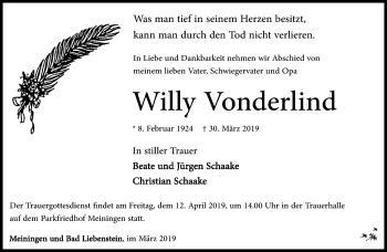 Traueranzeige von Willy Vorderlind von Südthüringer Presse
