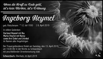 Traueranzeige von Ingeborg Heymel von Südthüringer Presse