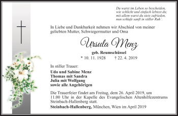 Traueranzeige von Ursula Menz von Südthüringer Presse