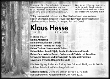 Traueranzeige von Klaus Hesse von Südthüringer Presse