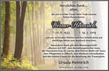 Traueranzeige von Werner Heimrich von Südthüringer Presse