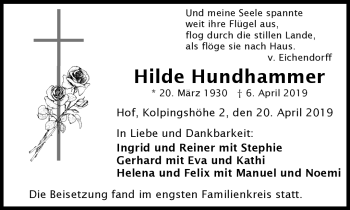 Traueranzeige von Hilde Hundhammer von Frankenpost