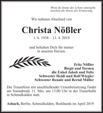 Traueranzeige von Christa Nößler von Südthüringer Presse