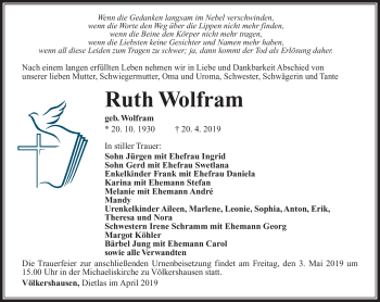 Traueranzeige von Ruth Wolfram von Südthüringer Presse