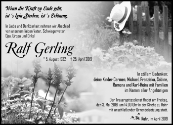 Traueranzeige von Ralf Gerling von Südthüringer Presse