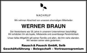 Traueranzeige von Werner Braun von Frankenpost