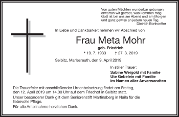 Traueranzeige von Meta Mohr von Frankenpost