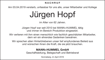 Traueranzeige von Jürgen Hopf von Südthüringer Presse