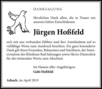 Traueranzeige von Jürgen Hoßfeld von Südthüringer Presse