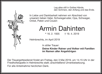 Traueranzeige von Armin Dahinten von Frankenpost