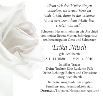Traueranzeige von Erika Nitsch von Südthüringer Presse