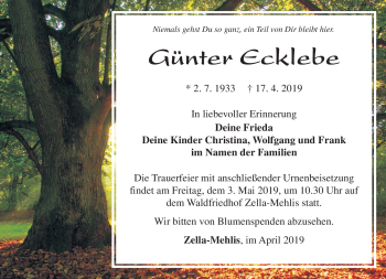 Traueranzeige von Günter Ecklebe von Südthüringer Presse