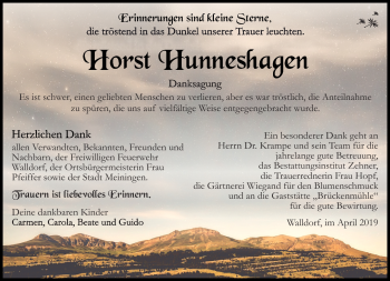 Traueranzeige von Horst Hunneshagen von Südthüringer Presse