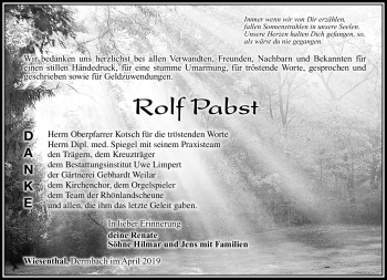 Traueranzeige von Rolf Pabst von Südthüringer Presse