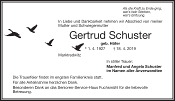 Traueranzeige von Gertrud Schuster von Frankenpost