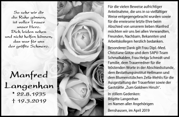Traueranzeige von Manfred Langhan von Südthüringer Presse
