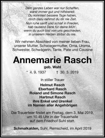 Traueranzeige von Annemarie Rasch von Südthüringer Presse