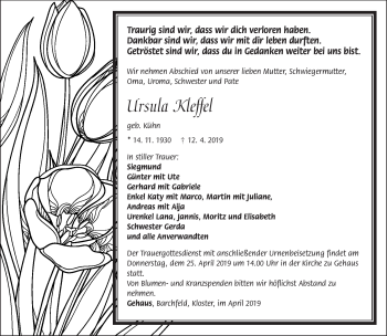 Traueranzeige von Ursula Kleffel von Südthüringer Presse
