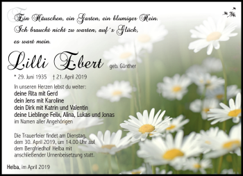 Traueranzeige von Lilli Ebert von Südthüringer Presse