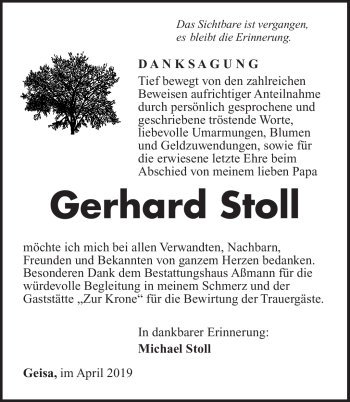 Traueranzeige von Gerahrd Stoll von Südthüringer Presse