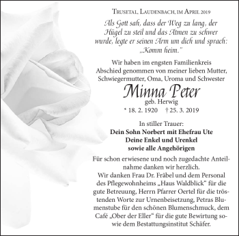 Traueranzeige von Minna Peter von Südthüringer Presse
