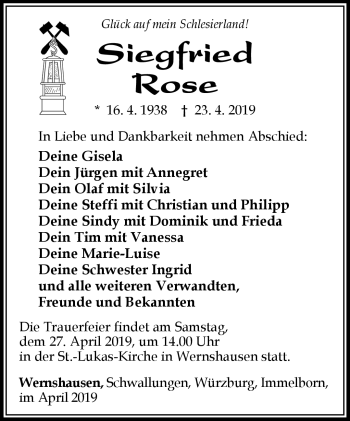 Traueranzeige von Siegfried Rose von Südthüringer Presse