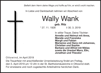 Traueranzeige von Wally Wank von Neue Presse Coburg