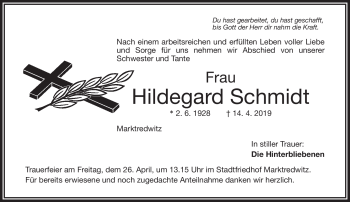 Traueranzeige von Hildegard Schmidt von Frankenpost