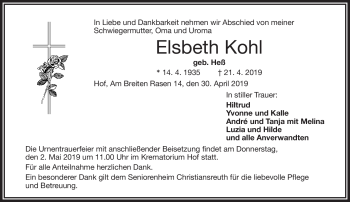 Traueranzeige von Elsbeth Kohl von Frankenpost