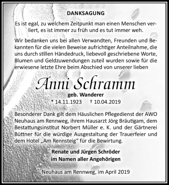 Traueranzeige von Anni Schramm von Südthüringer Presse