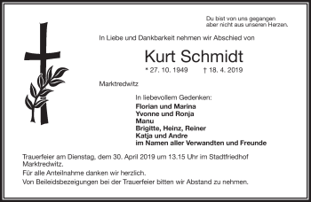 Traueranzeige von Kurt Schmidt von Frankenpost