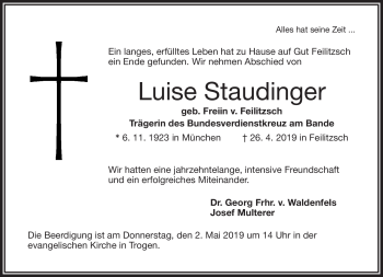 Traueranzeige von Luise Staudinger von Frankenpost