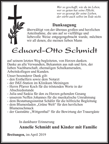 Traueranzeige von Eduard-Otto Schmidt von Südthüringer Presse