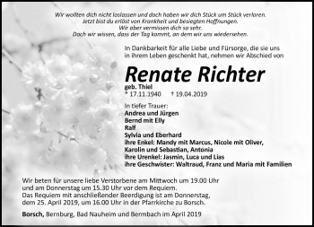 Traueranzeige von Renate Richter von Südthüringer Presse