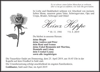 Traueranzeige von Heinz Hoppe von Südthüringer Presse