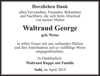Traueranzeige von Waltraud George von Südthüringer Presse