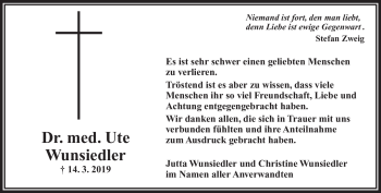 Traueranzeige von Ute Wunsiedler von Frankenpost