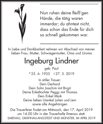 Traueranzeige von Ingeburg Lindner von Südthüringer Presse