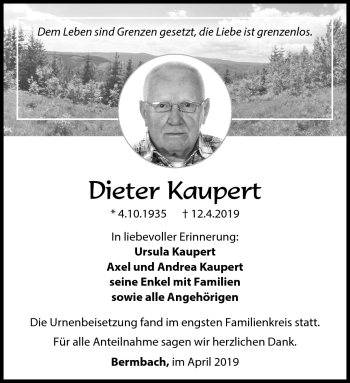 Traueranzeige von Dieter Kaupertr von Südthüringer Presse
