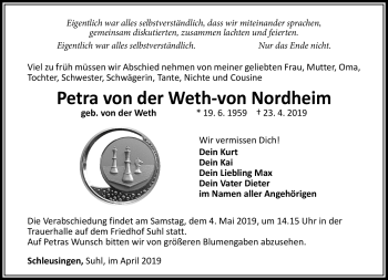 Traueranzeige von Petra von der Weth-von Nordheim von Südthüringer Presse