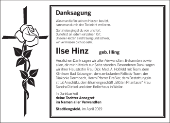 Traueranzeige von Ilse Hinz von Südthüringer Presse