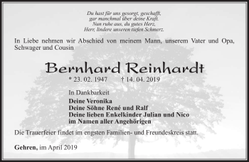 Traueranzeige von Bernhard Reinhardt von Südthüringer Presse