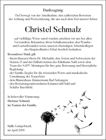 Traueranzeige von Christel Schmalz von Südthüringer Presse